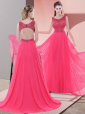 Colorful Coral Red Prom and Party and Military Ball with Beading Scoop Sleeveless Sweep Train Backless