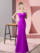 Purple Satin Zipper Evening Party Dresses Sleeveless Floor Length Sweep Train Beading and Pick Ups