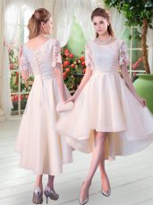 A-line Prom Gown Champagne Scoop Tulle Short Sleeves High Low Lace Up