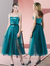 Exquisite Tea Length Teal Prom Gown Tulle Sleeveless Sequins