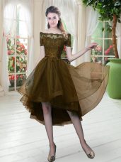 Amazing Brown Short Sleeves High Low Lace Lace Up Homecoming Dress