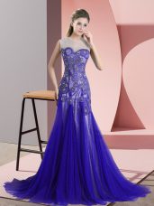 Perfect Blue Backless Scoop Beading and Appliques Formal Dresses Tulle Sleeveless Sweep Train