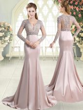 Deluxe Long Sleeves Satin Sweep Train Zipper Prom Party Dress in Pink with Beading and Lace