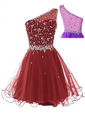 Charming A-line Prom Evening Gown Wine Red One Shoulder Tulle Sleeveless Mini Length Side Zipper