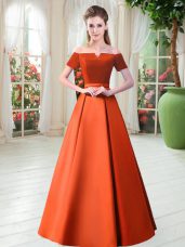 Orange Red Short Sleeves Satin Lace Up Prom Party Dress for Prom and Party