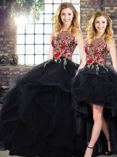 Black Lace Up Quinceanera Dresses Beading and Embroidery Sleeveless Floor Length