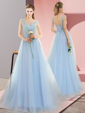 Fashionable Blue Lace Up Dress for Prom Beading Sleeveless Sweep Train