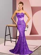 Designer Purple Mermaid Sweetheart Sleeveless Sequined Sweep Train Backless Beading Juniors Evening Dress