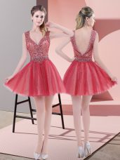 Custom Designed Beading Womens Party Dresses Watermelon Red Backless Sleeveless Mini Length