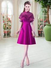 Purple A-line Satin High-neck Cap Sleeves Beading Knee Length Lace Up Prom Evening Gown