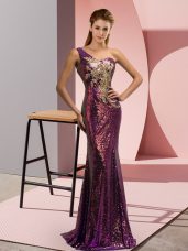 Wonderful Purple Sleeveless Brush Train Beading and Appliques Prom Gown