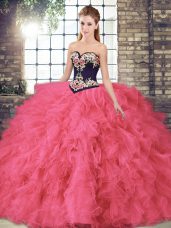 Exquisite Floor Length Lace Up Quinceanera Gown Hot Pink for Sweet 16 and Quinceanera with Beading and Embroidery