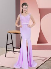 Glittering Lilac Zipper Womens Evening Dresses Beading and Lace Sleeveless Sweep Train