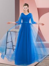 Blue Tulle Lace Up V-neck Long Sleeves Floor Length Evening Dress Beading