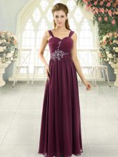 Chiffon Spaghetti Straps Sleeveless Lace Up Beading and Ruching Evening Gowns in Burgundy