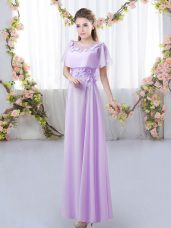 Noble Lavender Empire Scoop Short Sleeves Chiffon Floor Length Zipper Appliques Quinceanera Court of Honor Dress
