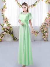 Green Empire Scoop Short Sleeves Chiffon Floor Length Zipper Appliques Bridesmaid Gown