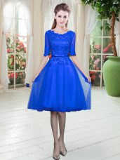 Royal Blue Half Sleeves Knee Length Lace Lace Up Dress for Prom