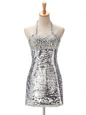Inexpensive Silver Zipper Prom Party Dress Ruching Sleeveless Mini Length