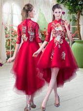 Customized High Low Red Custom Made Tulle Half Sleeves Appliques