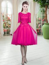 Fantastic Fuchsia Half Sleeves Knee Length Lace Lace Up Prom Party Dress
