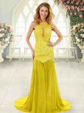 Mermaid Sleeveless Yellow Dress for Prom Brush Train Backless