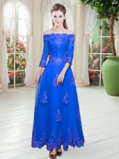 Perfect Royal Blue 3 4 Length Sleeve Lace Floor Length Dress for Prom