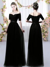 Fabulous Black Off The Shoulder Neckline Ruching Dama Dress for Quinceanera Short Sleeves Lace Up