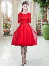 Most Popular Red Prom Dress Prom and Party with Lace Scoop Half Sleeves Lace Up