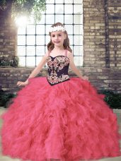 Hot Sale Floor Length Coral Red Little Girls Pageant Dress Tulle Sleeveless Embroidery and Ruffles