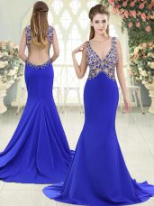 Backless Prom Evening Gown Blue for Prom and Party with Beading Sweep Train
