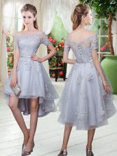 Grey Lace Up Off The Shoulder Appliques Party Dresses Tulle Short Sleeves