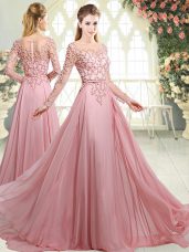 Excellent Pink Long Sleeves Beading Zipper Dress for Prom