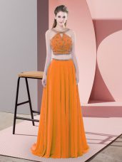 Orange Straps Backless Beading Prom Evening Gown Sweep Train Sleeveless