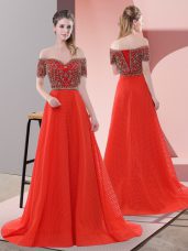 Custom Fit Beading and Lace Prom Dress Red Lace Up Short Sleeves Sweep Train