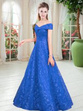 Sleeveless Lace Floor Length Lace Up Prom Dresses in Blue with Beading