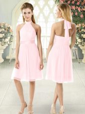 Free and Easy Knee Length Pink Prom Evening Gown Chiffon Sleeveless Ruching