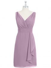 Exceptional Purple Sleeveless Ruching Knee Length Prom Gown