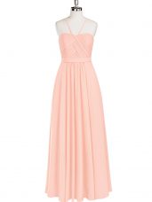 Trendy Pink Chiffon Zipper Prom Dresses Sleeveless Floor Length Ruching