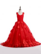 Best Straps Sleeveless Brush Train Lace Up Kids Formal Wear Red Tulle