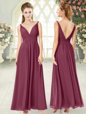Attractive Burgundy Sleeveless Ruching Ankle Length