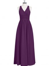 Inexpensive Floor Length Eggplant Purple Evening Party Dresses V-neck Sleeveless Zipper