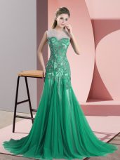 Green Sleeveless Tulle Sweep Train Backless Prom Party Dress for Prom and Party and Military Ball