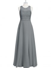 Graceful Grey Chiffon Zipper Scoop Sleeveless Floor Length Lace and Appliques and Belt