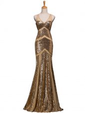 Sumptuous Brown Sequined Backless V-neck Sleeveless Prom Dresses Sweep Train Ruching