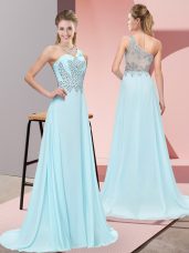 Side Zipper Prom Party Dress Baby Blue for Prom and Party and Military Ball with Beading Sweep Train