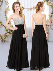 Black Chiffon Backless Wedding Party Dress Sleeveless Floor Length Beading
