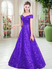Fitting Floor Length A-line Sleeveless Purple Prom Gown Lace Up