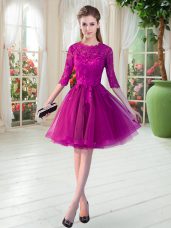 Fuchsia A-line Tulle Scalloped Half Sleeves Lace Knee Length Zipper Prom Dress