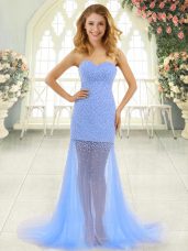 Custom Made Baby Blue Dress for Prom Prom and Party with Beading Sweetheart Sleeveless Brush Train Zipper